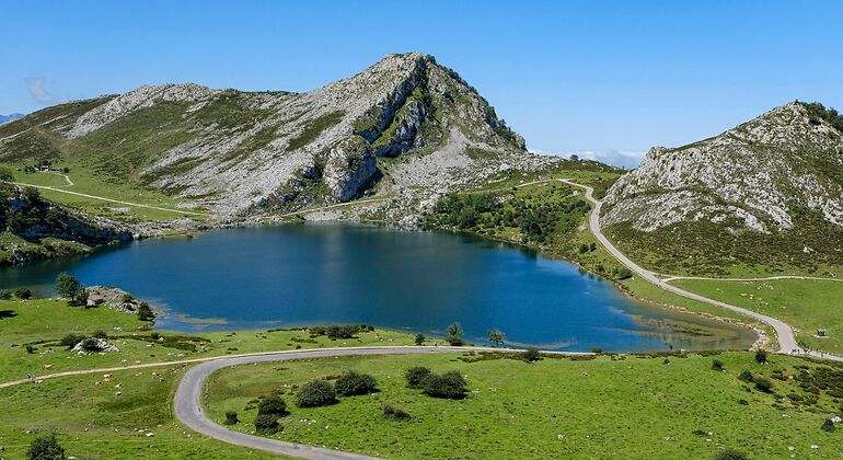 laguna montañas verdes prados