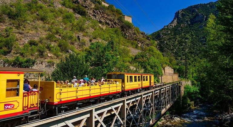 El tren amarillo atravesando dos colinas. Tiene vagones abiertos y cerrados